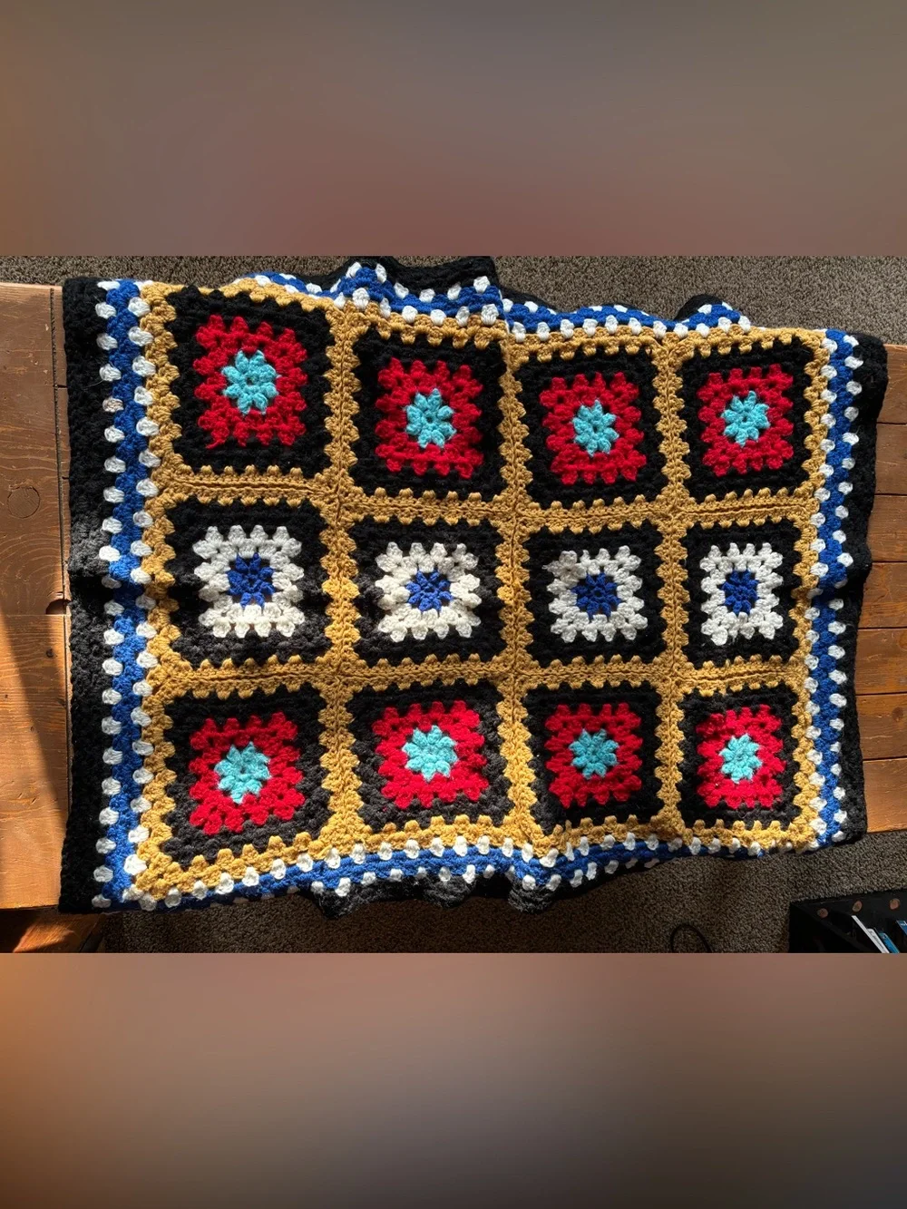 Handmade Crochet Granny Square Throw - Red, Black, Gold, White, Blue, Teal